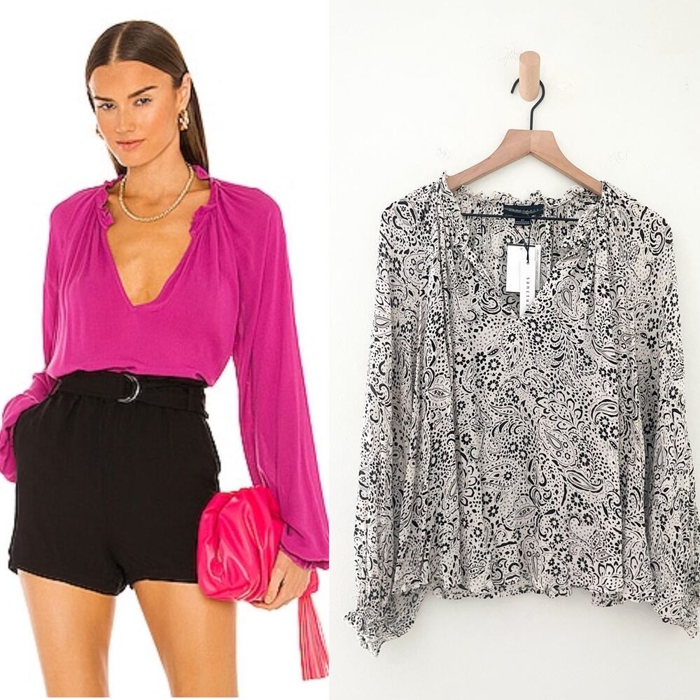 NWT Sanctuary Paisley Print Top XS Black White V Neck Long Sleeve Retro Glam